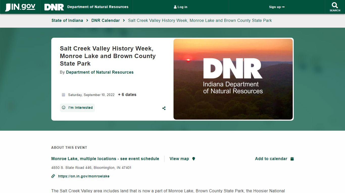 Salt Creek Valley History Week, Monroe Lake and Brown County State Park